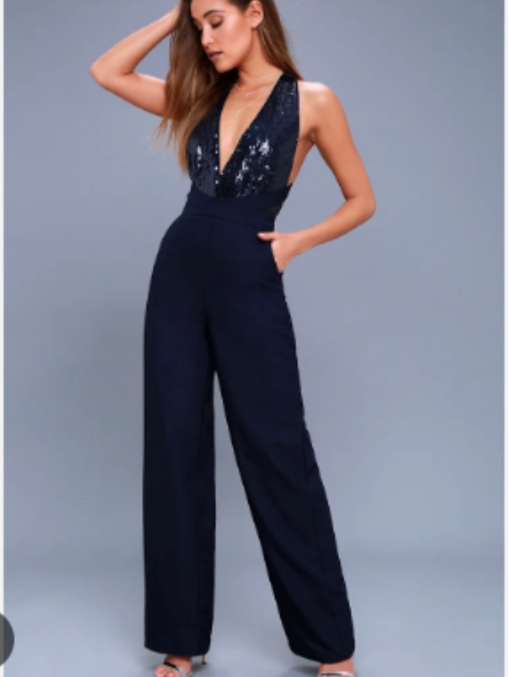 Lulus Disco Heaven Navy Blue Sequin Open Back Romantic Cocktail Jumpsuit Size M
